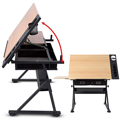 Lgan Height Adjustable Drawing Desk, Tiltable Craft Table with Storage, Maple Panel Art Desk, for Home Office Drafting Table