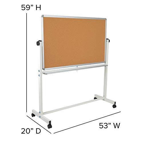 Flash Furniture HERCULES Series 53"W x 59"H Reversible Mobile Cork Bulletin Board and White Board with Pen Tray