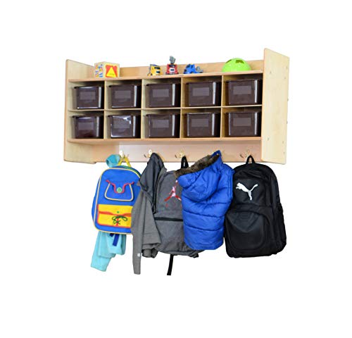 Contender 10 Section Wall Cubby Shelve with Brown Plastic Storage Containers for organizing House and Playrooms, 100% Plywood and UV Finish