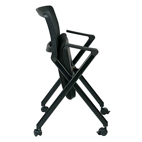 Office Star Breathable Flexible Mesh Back Folding Nesting Chair with Padded Fabric Seat and Casters, 2-Pack, Black with Black Frame