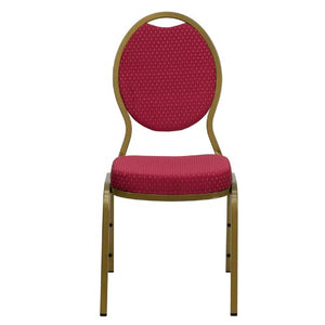 LIVING TRENDS Marvelius Teardrop Back Stacking Banquet Chair 10 Pack - Burgundy Patterned Fabric, Gold Frame