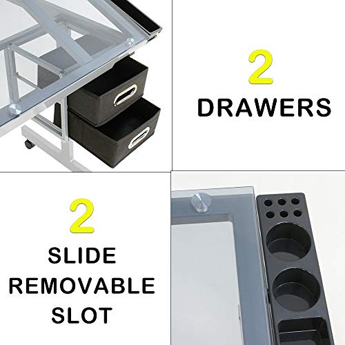 Adjustable Rolling Drawing Drafting Silver Black Table Tempered Safety Glass Top Art Craft Work Station Desk Board Work Hobby Stool Durable Powder-Coated Steel Frame 2 Slide-Out Drawer Storage