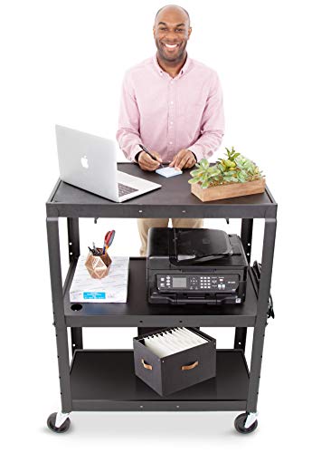 Stand Steady Line Leader Large Metal Utility Cart with Retractable Keyboard Tray | Height Adjustable 3 Tier Rolling Cart | Includes Power Strip & Cord Management | Easy Assembly (34in x 20in x 42in)