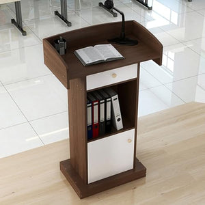 Yadlan Solid Wood White Podium Stand with Microphone Holder and Storage Cabinet