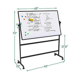 60”x36”Dry Erase Board with Stand,Adjustable Height Double-Sided Magnetic Whiteboard with Beside Stopper,Rolling Whiteboard with White Aluminium Frame ,A Great Partner on Office,Classroom,Salon