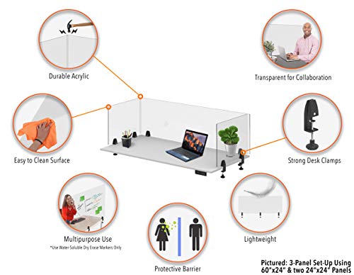 Stand Steady Clear Desktop Panel | Clamp On Protective Acrylic Shield & Sneeze Guard | Desk Divider Securely Attaches to Desks & Tabletops | for Offices, Schools, Libraries & More (60 x 24)