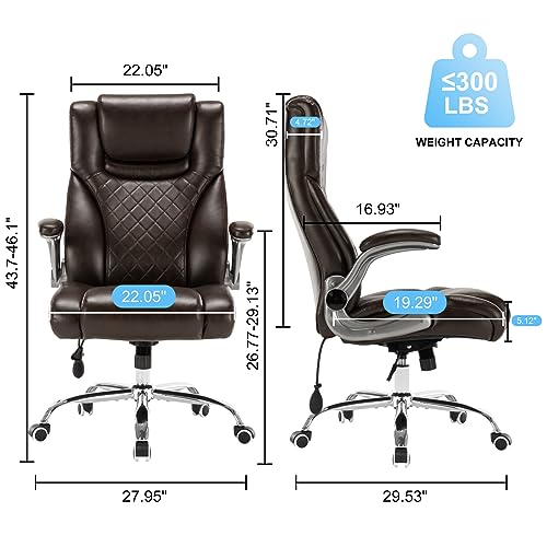 Seevoo Executive Office Chair - High Back Swivel Computer Desk Chair with Adjustable Lumbar Support and Flip-Up Arms - Brown PU Leather