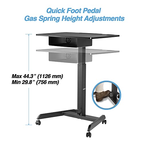 AVLT Height Adjustable Foot Pedal Rolling Desk with Shelf (44") - Pneumatic Laptop Standing Desk Cart - Black