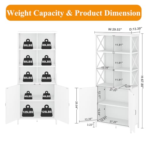 FATORRI Metal and Wood Bookcase with Doors, Tall Cubby Organizer Shelf (White Oak)