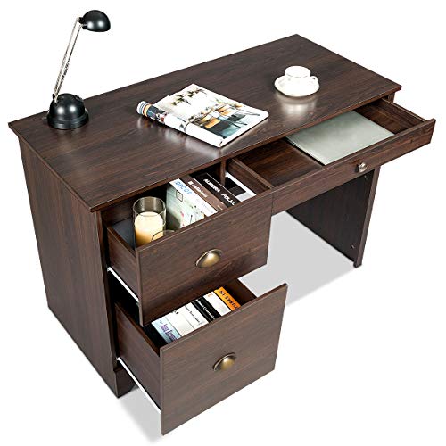 Tangkula Computer Desk, Wood Frame Home Office Desk with Storage Drawer and Shelf, Computer Workstation with Spacious Desktop, Ideal for Bedroom, Living Room, Office (Walnut)