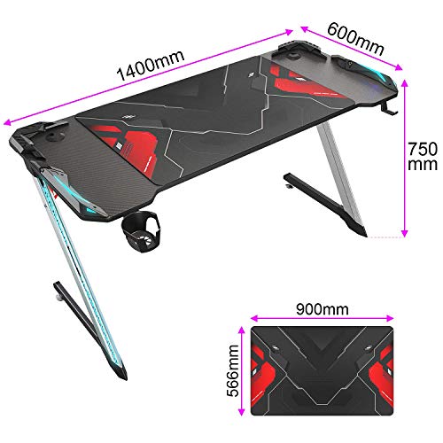 ELEGANT Gaming Desk with Led Lights 55 Inch Z Shape Gamer Workstation with Power Strip Large Mouse Pad Stand Cup Holder Headphone Hook for Home Office Gamer,Black