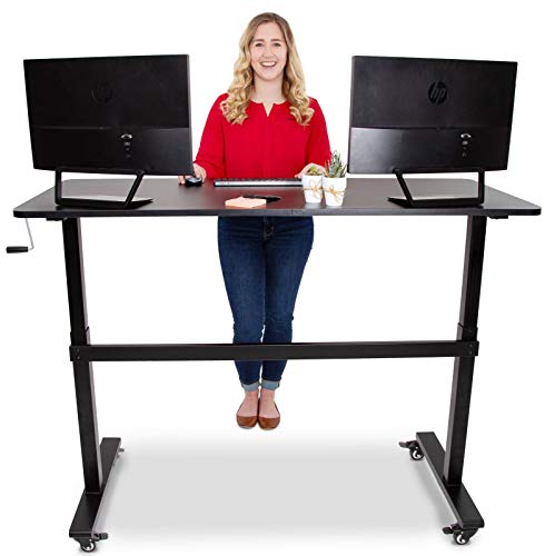 Stand Steady Tranzendesk | 55 Inch Standing Desk with Attachable Wheels| Easy Crank Height Adjustable Sit to Stand Workstation | Modern Ergonomic Desk Supports 3 Monitors (55 / Black)