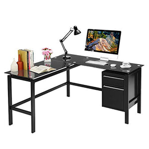 L Shaped Desk 56" Computer Corner Desk, Home Gaming Desk with Storage Drawer Under Desk, Office Writing Workstation with Glass Desktop and Metal Frame, Space-Saving and Easy Assemble