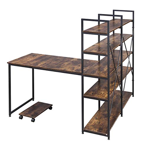 Merax 54" Large Computer 5-Tier Shelves, Office Study Table with Bookcase, Writing Hutch Desk, Brown