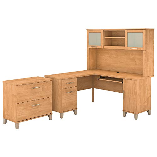Bush Furniture Somerset 60W L Shaped Desk with Hutch and Lateral File Cabinet in Maple Cross