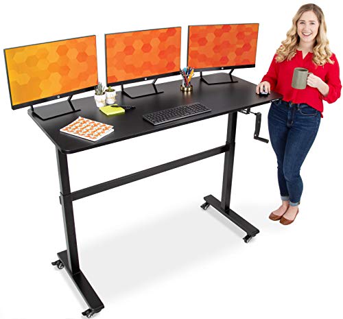 Stand Steady Tranzendesk | 55 Inch Standing Desk with Detachable Wheels | Front Crank Easy Manual Height Adjustable Sit to Stand Desk | Modern Ergonomic Desk Supports 3 Monitors (55 / Black)