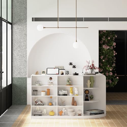 FAMAPY L-Shaped Reception Desk with Drawers, Shelves, Cabinet - White (70.9” x 47.2” x 39.4”)
