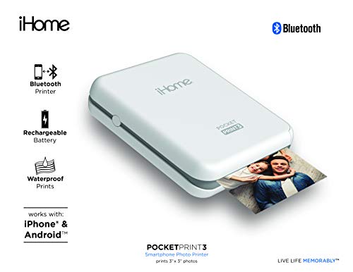 iHome® PocketPrint3™ Mobile Photo Printer, Square 3x3 inch Printouts (White)