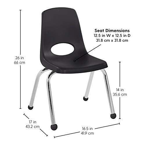 FDP 14" School Stack Chair, Stacking Student Seat with Chromed Steel Legs and Ball Glides; for in-Home Learning or Classroom - Black (6-Pack), 10363-BK