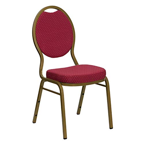 BizChair 4 Pack Teardrop Back Stacking Banquet Chairs - Burgundy Pattern Fabric, Gold Frame