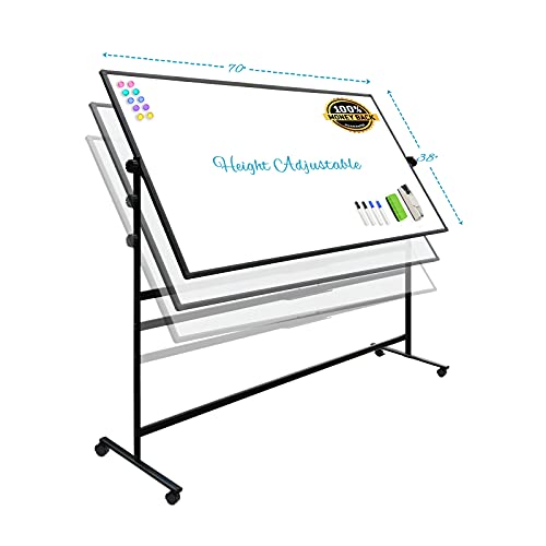 VISTECH 70x38 Large Mobile Whiteboard, Height Adjust 360 Degree Rotation Double Sided Magnetic Dry Erase Board with Black Stands, Rolling White Board on Wheels for Office Home Gym and Classroom
