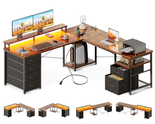 AODK 66" L Shaped Computer Desk with File Cabinet, Drawers, LED Lights, and Power Outlet