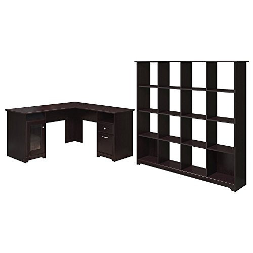 Bush Furniture Cabot L Shaped Desk and 16 Cube Bookcase in Espresso Oak