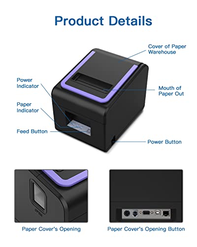 Receipt Printer, 3 1/8" 80mm POLONO PL330 Direct Thermal Receipt Printer, 300mm/s Bluetooth Receipt Printer with Auto-Cutter for ESC/POS Compatible with Windows Android iOS Bluetooth Serial USB