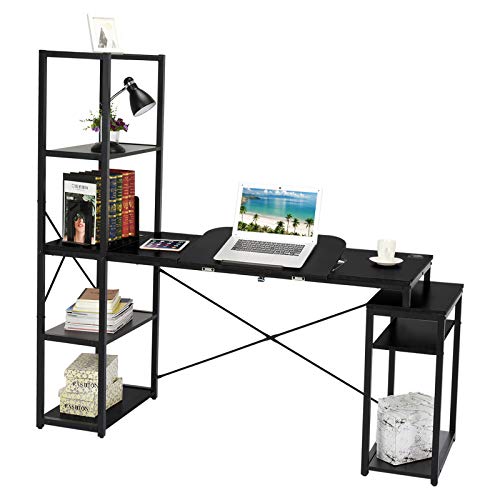 Computer Desk with 5-Tier Shelves, 3 in 1 Bookshelf, Computer Desk, and Main Frame, 47.2" Drafting Drawing Table with 60° Tiltable Tabletop, PC Laptop Table Study Workstation for Home Office (Black)