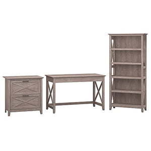 Bush Furniture Key West 48W Writing Desk with 2 Drawer Lateral File Cabinet and 5 Shelf Bookcase in Washed Gray