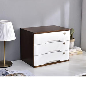DFANCE Desktop File Cabinet Storage Box with Lockable Drawers, Solid Wood, Office Supplies Organizer (40*28*31cm, Walnut+White)