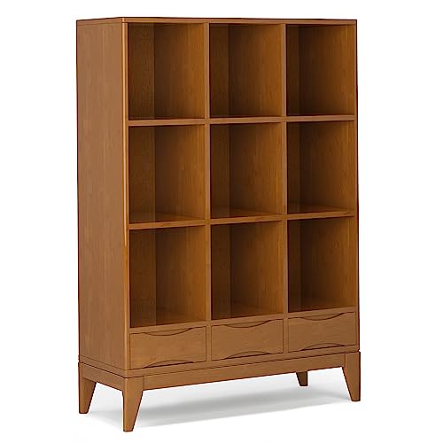 SIMPLIHOME Harper 42 Inch Mid Century Modern Cube Storage Bookcase with Drawers - Teak Brown