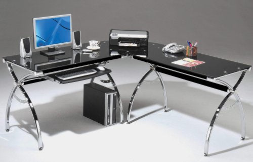 Corner Computer Desk Black Glass L-shaped W/ Keyboard Tray and Workspace Contemporary Modern Niche Home Office Space L Shaped Nook