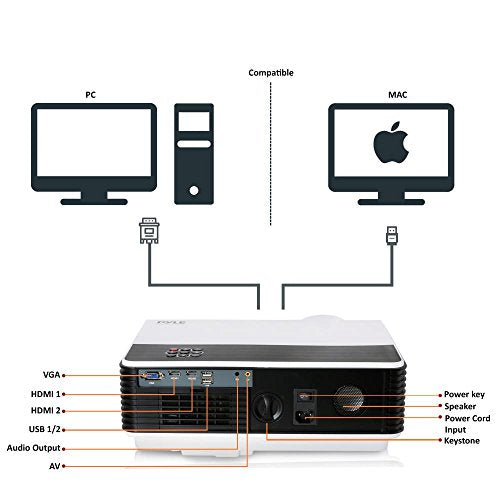 Updated Pyle Video Projector 5.8" LCD Panel LED Lamp Cinema Home Theater with Built-in Stereo Speakers 2 HDMI Ports & Keystone Adjustable Picture Projection for TV PC Computer and Laptop PRJLE83