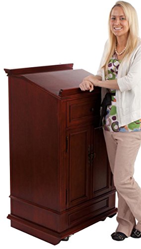 Displays2go Restaurant Hostess Station, Mahogany Podium with Cabinet and Drawer, Rolling (LCTCL27DC)
