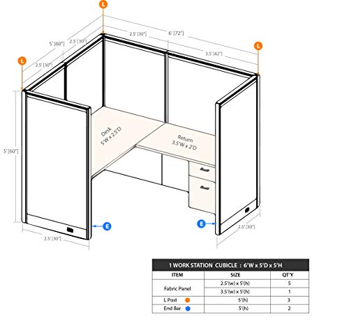 G GOF 1 Person Workstation Cubicle (5'D x 6'W x 4'H) - Office Partition & Room Divider