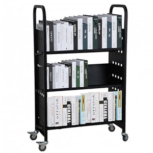 MERXENG V-Shaped Rolling Book Cart, 200LBS Capacity, 30x14x49, Lockable Wheels, Black