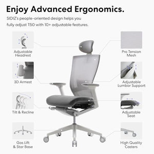 SIDIZ T50 Ergonomic Office Chair with Adjustable Headrest, Lumbar Support, 3D Armrest, Seat Depth - Gray