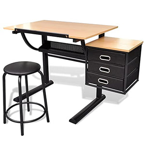 Great-hyc Three Drawers Tiltable Tabletop Drawing Table with Stool MDF + Powder-Coated Iron Foot Material, Adjustable tilt Angle, More Suitable for Ergonomic Design Drafting Table