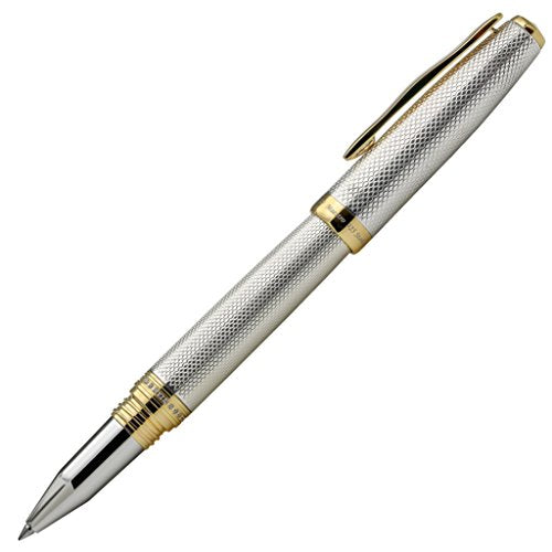 Xezo Solid 925 Sterling Silver Serialized Fine Rollerball Pen, 18K Gold Plated with Screw-On Cap. Swarovski Crystals Band (Maestro 925 Sterling Silver R-G)