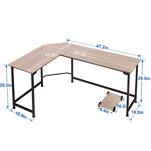 VECELO L-Shaped Computer Desk 66" with CPU Stand/PC Laptop Study Writing Table Workstation for Home Office Wood & Metal,Oak+Black Leg