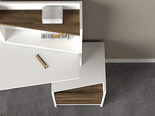 MAKENZA Vertigo Office Desk Modern Living Room Furniture with Adjustable Shelves & One Hidden Cabinet, Writing Workstation Table Compatible for Home, Office Study (White-Walnut)