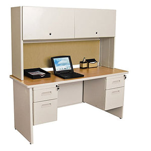 Marvel Pronto Office Desk With Two Pedestals - 60"Wx24"Dx29"H - Putty Desk/Oak Top/Beryl Tack Board - Putty