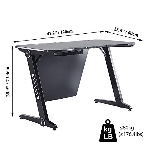 GLCHQ Gaming Desk RGB Led Light PC Computer Gamer Desks Stand Ergonomic Durable Z-Shaped Leg Frame Steel Home Office Workstation Headphone Hook Black
