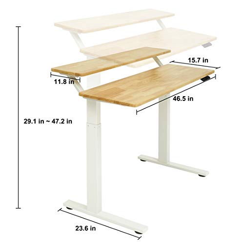 SDADI Electric Height Adjustable Standing Desk- 2 Tier Sit to Stand Office Desk Workstation with Rubber Wood Desk Top and Heavy Duty Steel Frame, White Frame/Light Grain Top