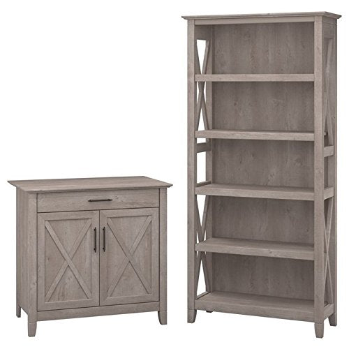 Pemberly Row Storage Cabinet and 5 Shelf Bookcase in Washed Gray