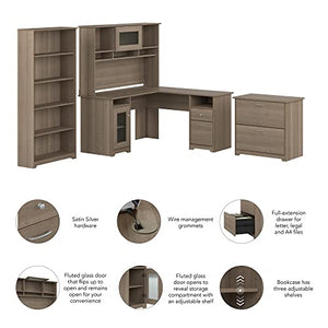 Bush Furniture Cabot Collection L Shaped Desk with Hutch, Bookcase, and File Cabinet | Corner Computer Table with Storage, Bookshelf, 60W, Ash Gray