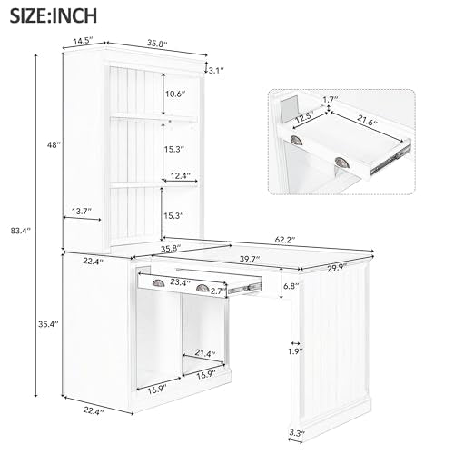 Merax 83.4" Tall Storage Bookshelf & Writing Desk Suite with LED Lighting, Drawers, Open Shelves - 2-Piece Set, White