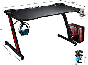 Greesum Gaming Desk, 44 Inch Home Office Computer Table, Z Shaped Gamer Workstation Fiber Surface Cup Holder & Headphone Hook, Carbon Black