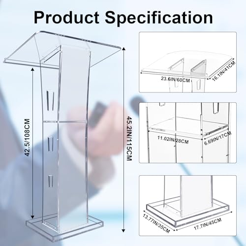 Wqzlyg Acrylic Podium with Custom Logo & Text, 43” Clear Pulpit with Storage Shelf - 15 Colors Adjustable